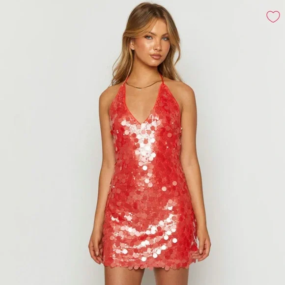 NWT BEGINNING BOUTIQUE Orange Sequin Halter Dress - Picture 2 of 2